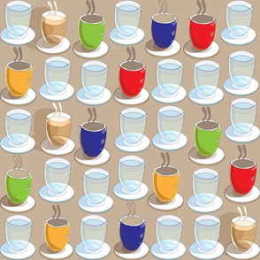 Coffee cups Tea Cups and Glasses of Water Seamless Repeat Pattern in Blue Red Green Yellow