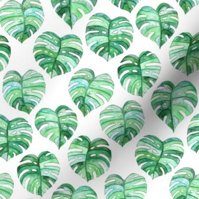 Heart Shaped Watercolor Monstera Leaves - green & white - small