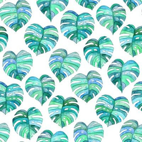 Heart Shaped Watercolor Monstera Leaves - blue green & white - small