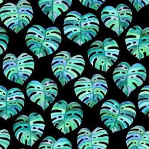 Heart Shaped Watercolor Monstera Leaves - blue green & black - small
