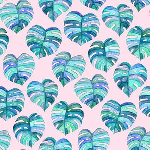 Heart Shaped Watercolor Monstera Leaves - blue purple & pink - small