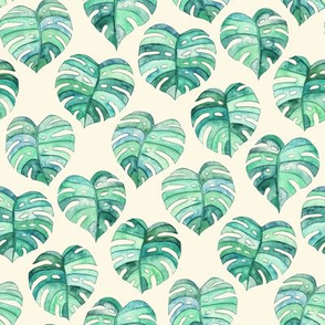 Heart Shaped Watercolor Monstera Leaves - green & cream - small
