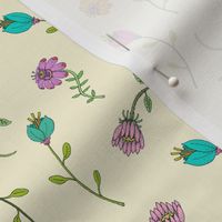 Garden Flowers on Cream, Dainty Floral, Hand Drawn Flower Petals,  Botanicals