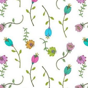 Chintz Multi Colored Wildflowers on White, Small Delicate Botanicals