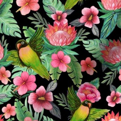 Hibiscus Floral Lovebirds