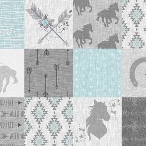 BoHo Horses Quilt - Aqua and Grey - Wild Horses wholecloth quilt