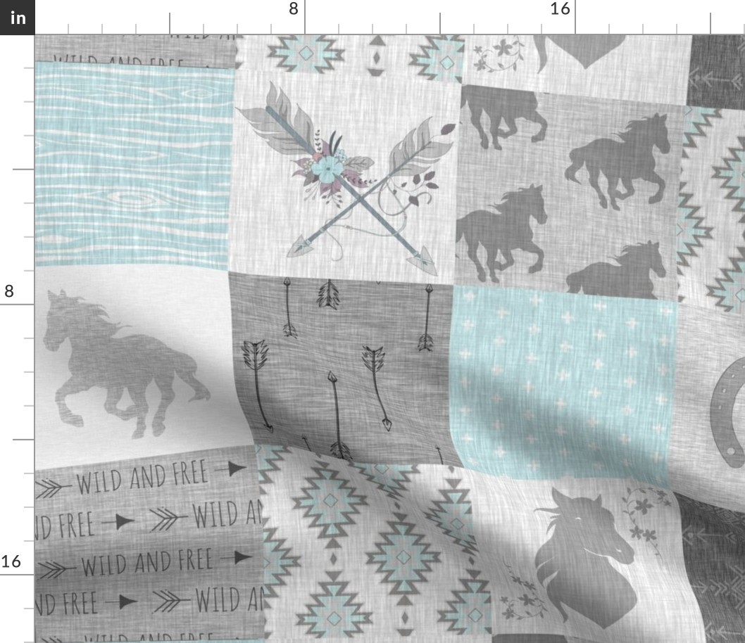 BoHo Horses Quilt - Aqua and Grey - Wild Horses wholecloth quilt