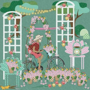 Sloth Riding in a Garden, bicycle, flowers, garden chairs, flower pots, trees with lights, Sloth, trellis, roses