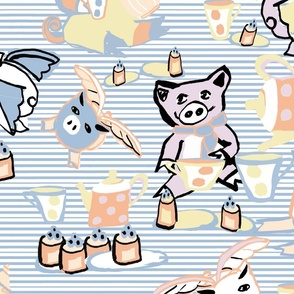 Pigs Celebrated Picnic on stripes white blue 