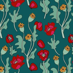 Red poppies on dark teal
