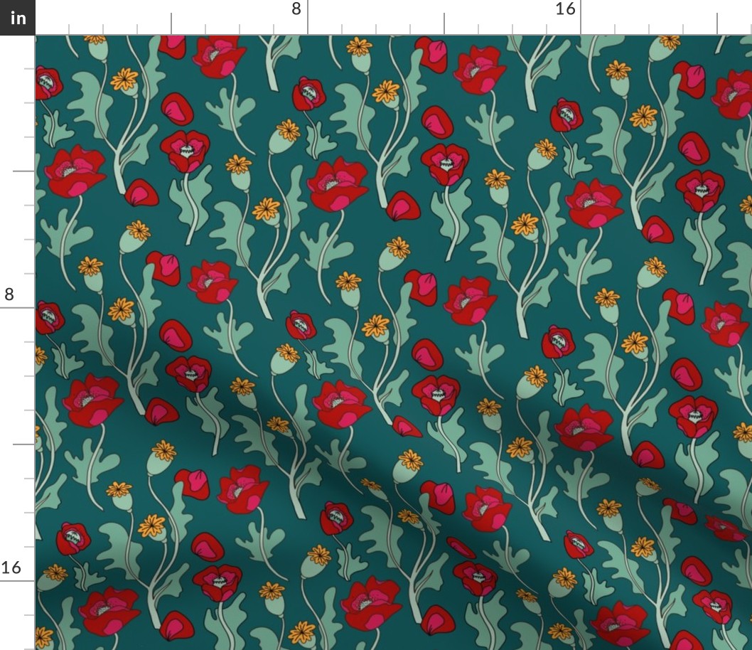 Red poppies on dark teal