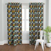 3” Gold and Neptune Boho Wholecloth Quilt - deer, arrows, fox with grey, yellow gold, and teal/mint  - ROTATED 