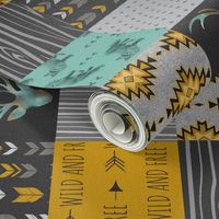 3” Gold and Neptune Boho Wholecloth Quilt - deer, arrows, fox with grey, yellow gold, and teal/mint  - ROTATED 