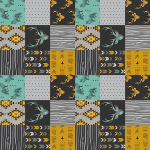 3” Gold and Neptune Boho Wholecloth Quilt - deer, arrows, fox with grey, yellow gold, and teal/mint  - ROTATED 