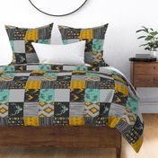 Gold and Neptune Boho Wholecloth Quilt - deer, arrows, fox with grey, yellow gold, and teal/mint  - ROTATED 