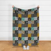 Gold and Neptune Boho Wholecloth Quilt - deer, arrows, fox with grey, yellow gold, and teal/mint  - ROTATED 