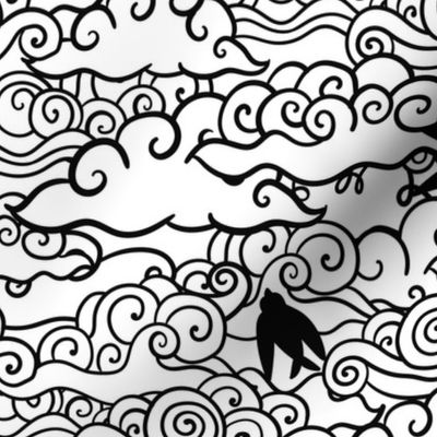 Doodle clouds and birds design. Swirls in the sky.