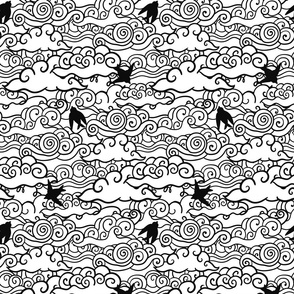 Doodle clouds and birds design. Swirls in the sky.