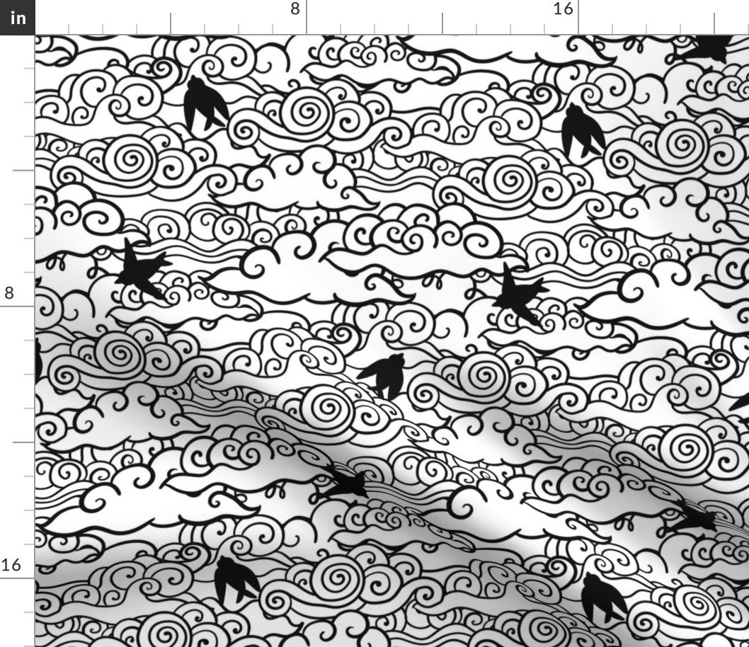 Doodle clouds and birds design. Swirls in the sky.