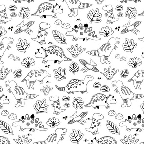 Sketch dinos pattern black and white. Dinosaurs. Funny and cute pattern.