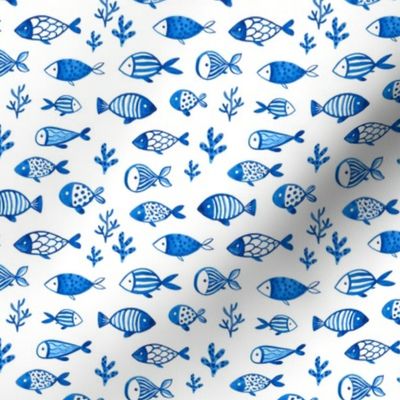 Watercolor blue fish design. Under the sea animals design.  Ocean creatures pattern. Small