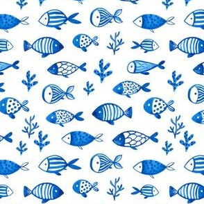 Watercolor blue fish design. Under the sea animals design.  Ocean creatures pattern. Small