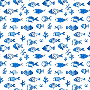 Watercolor blue fish design. Under the sea animals design.  Ocean creatures pattern. Medium.