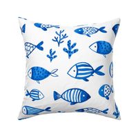 Watercolor blue fish design. Under the sea animals design.  Ocean creatures pattern.