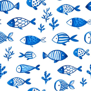 Watercolor blue fish design. Under the sea animals design.  Ocean creatures pattern.