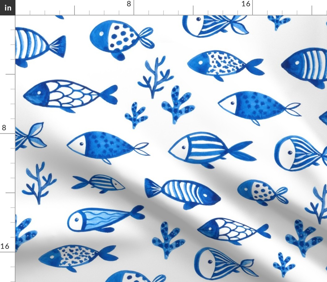 Watercolor blue fish design. Under the sea animals design.  Ocean creatures pattern.