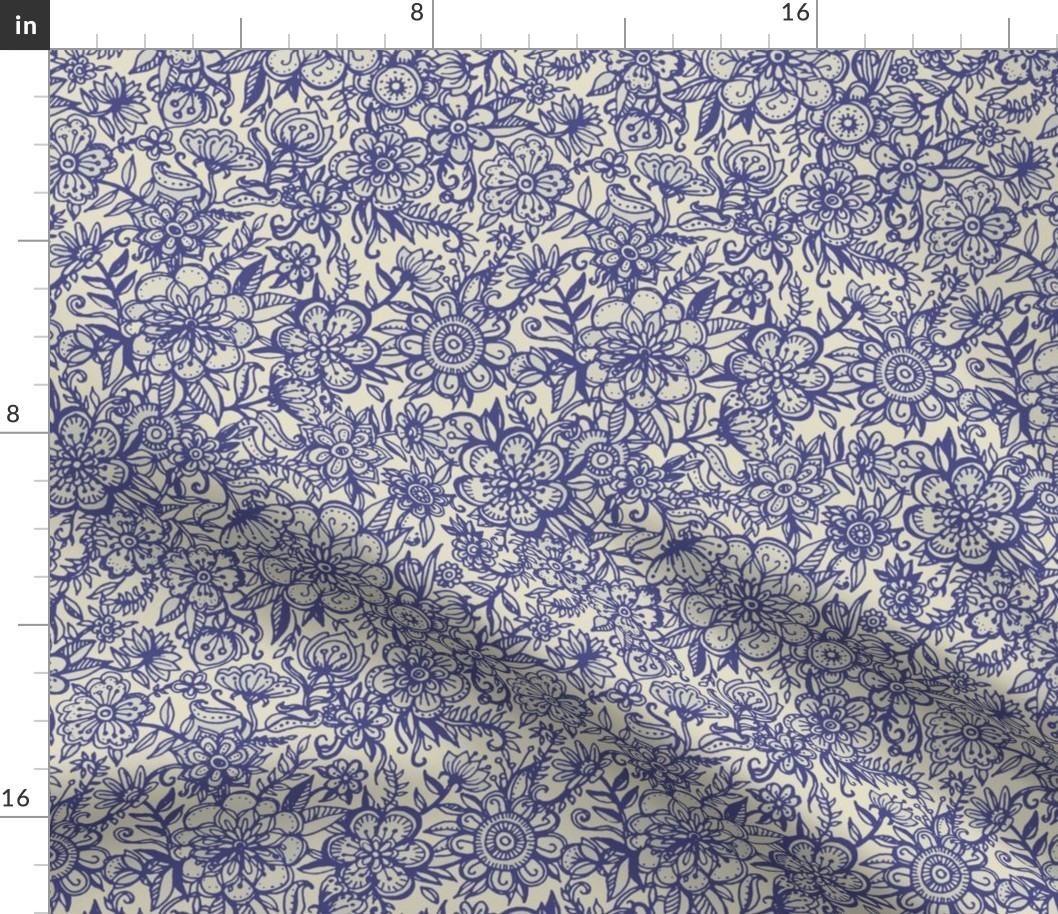 Ditsy Doodle Floral in Indigo Navy & Cream small print