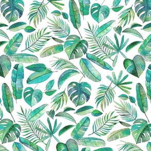 Blue Green Tropical Leaf Scatter on White - large