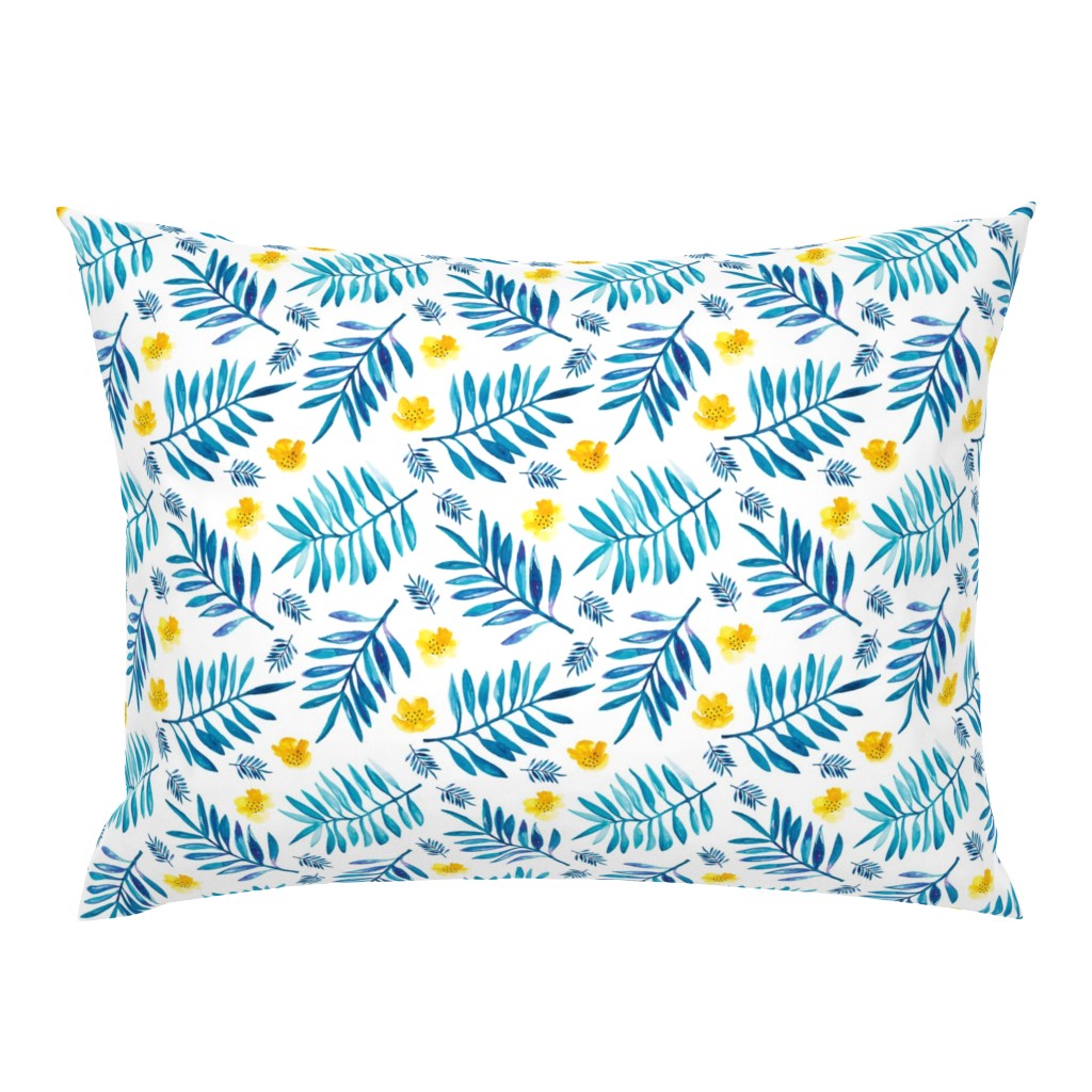 Watercolor palm leaf botanical tropical garden and blossom flowers gender neutral blue mustard
