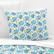 Watercolor palm leaf botanical tropical garden and blossom flowers gender neutral blue mustard