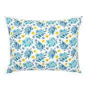 Watercolor palm leaf botanical tropical garden and blossom flowers gender neutral blue mustard