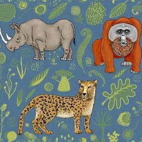 endangered animals, black rhino, amur leopard, bornean orangutan, large scale, teal blue green