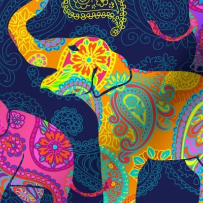 Asian Elephants Bright Paisley