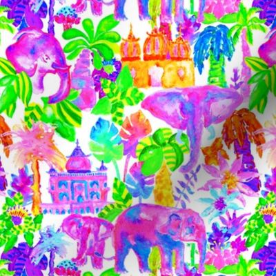 Indian Elephants in Tropical Watercolor