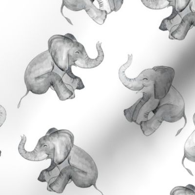 Laughing Baby Elephants on white - small print