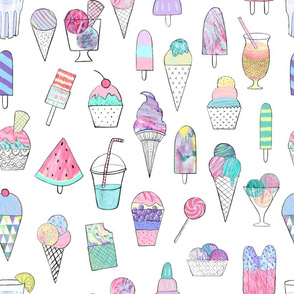 Icecream, popsicles, smoothies and more on a light summer print