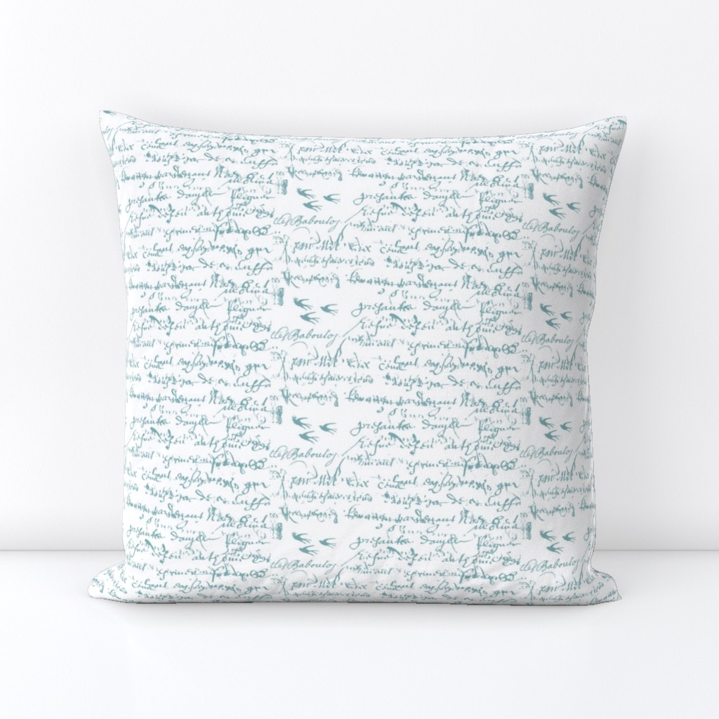 Teal French script on a white background