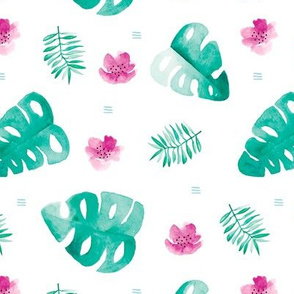 Watercolor palm leaf botanical tropical garden and blossom flowers gender neutral turkoise pink