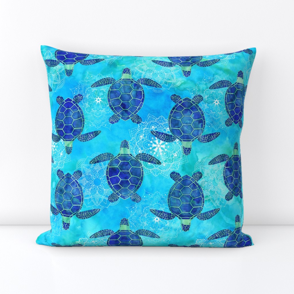 Watercolor Sea Turtles Mandalas Blue Green