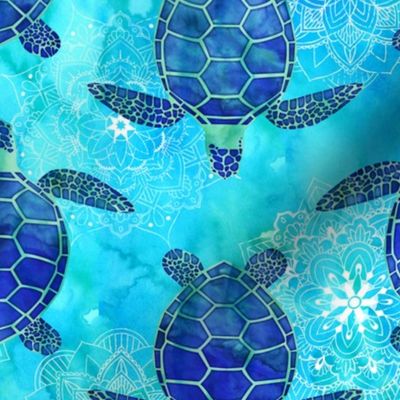 Watercolor Sea Turtles Mandalas Blue Green