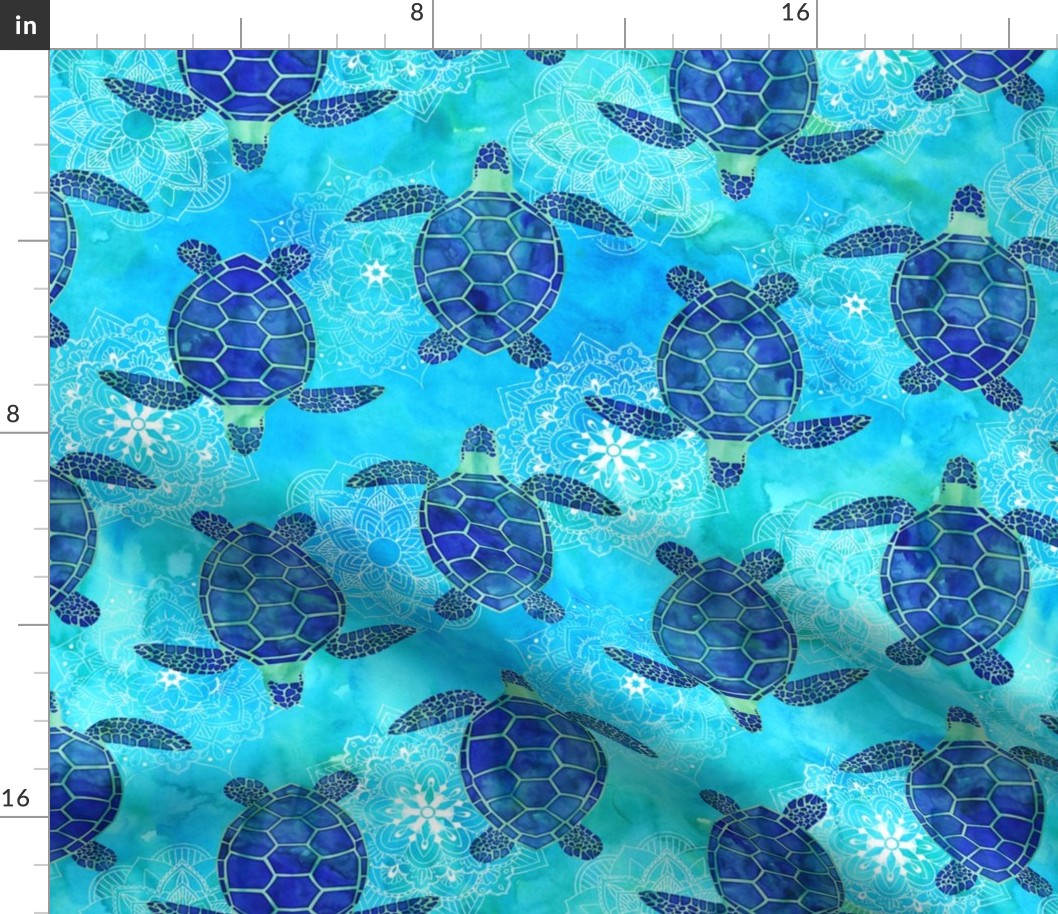 Watercolor Sea Turtles Mandalas Blue Green