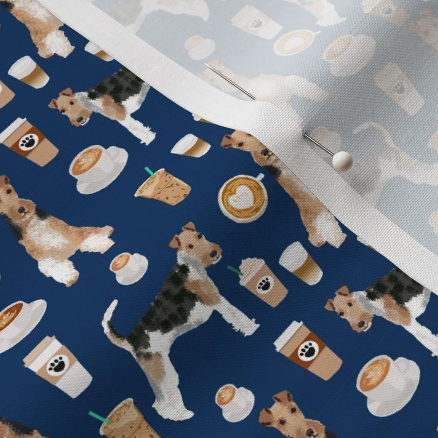 Wire Fox Terriers (smaller scale)  dog breed fabric coffees navy