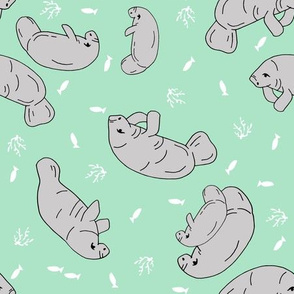 manatee fabric (tossed) // manatees dugong animals design andrea lauren fabric - mint