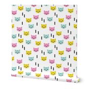 Cute kitten cat illustration in colorful summer palette with geometric details for kids girls