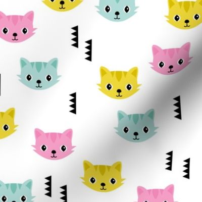 Cute kitten cat illustration in colorful summer palette with geometric details for kids girls