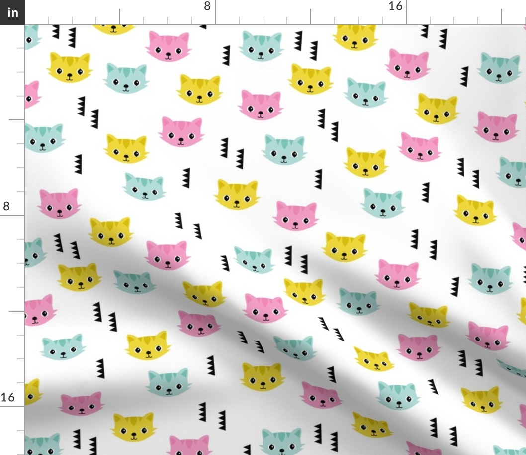 Cute kitten cat illustration in colorful summer palette with geometric details for kids girls